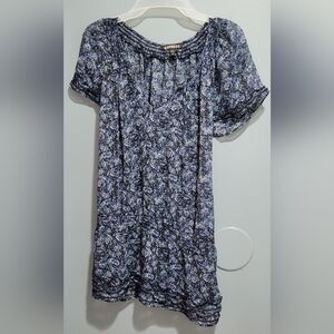 EXPRESS Black & Blue Floral Top Short Flutter Sleeve Drop Waist Juniors Size Med